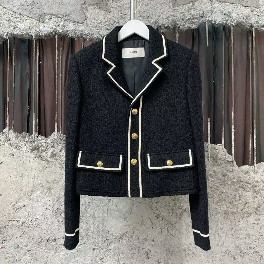 Authentic Celine Black Blazer with Gold Buttons and White Trim